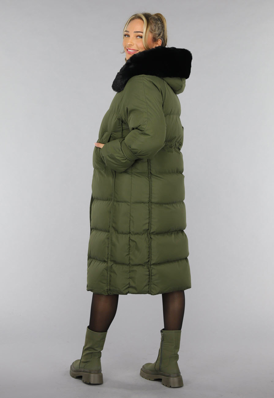 Donkergroene Oversized Puffer Jas met Bontkraag