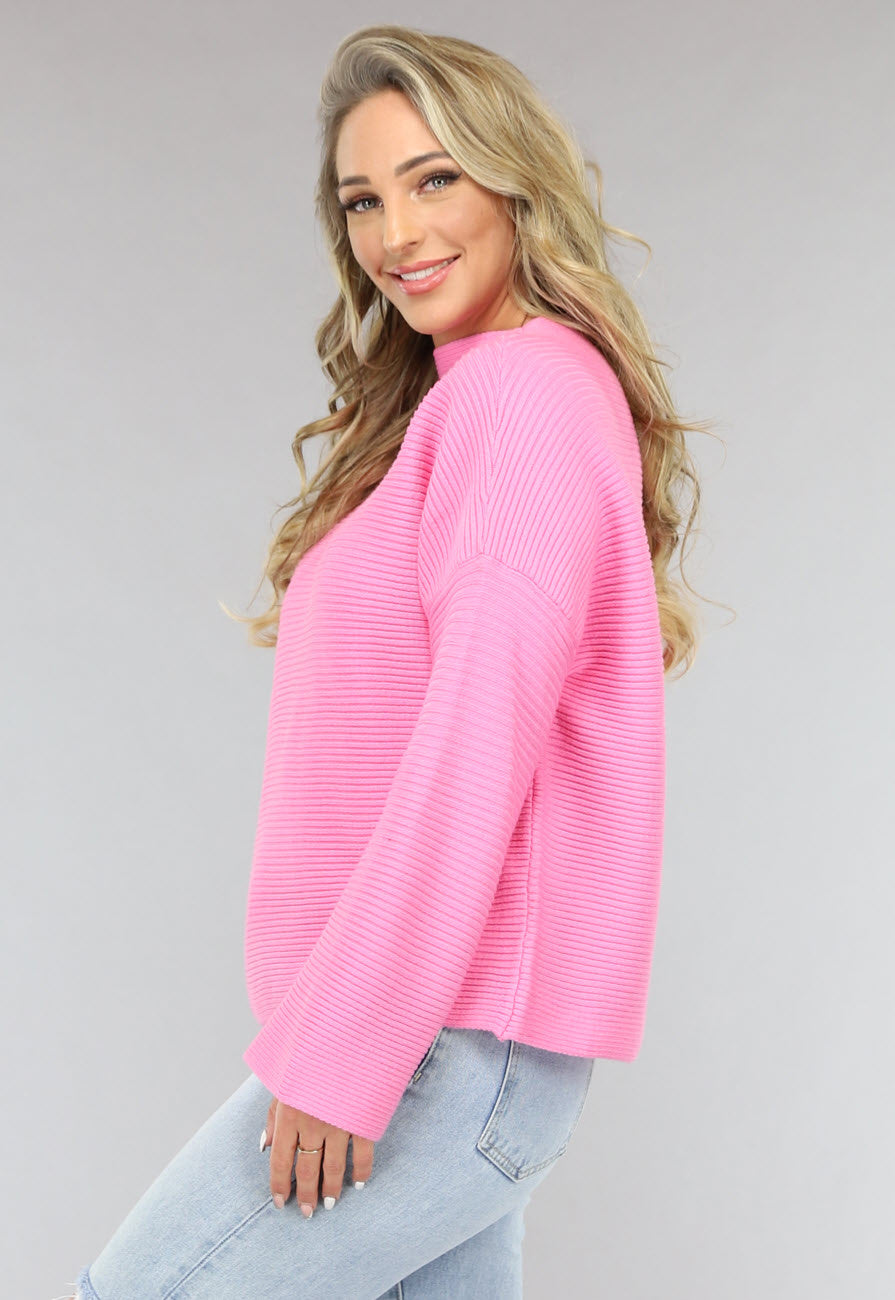 Roze Rib Gebreide Trui met Hoge Hals