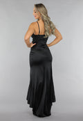 Zwarte Ruffle Avondjurk in Zwart Satin