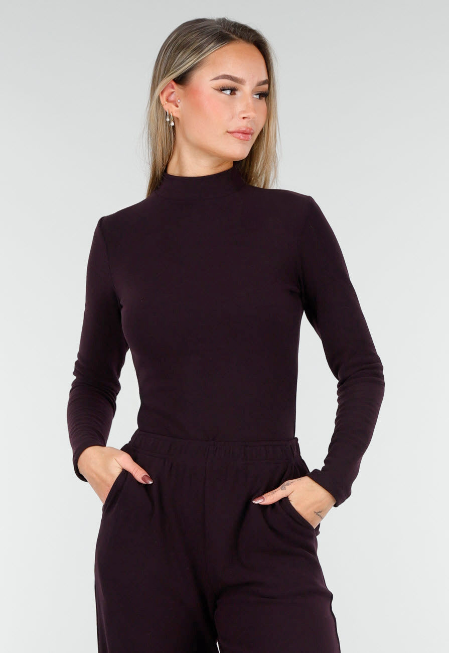 Aubergine Zachte Stretch Top met Lange Mouwen