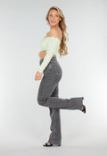 Mintgroene Off Shoulder Crop Top met Lange Mouwen en Pads