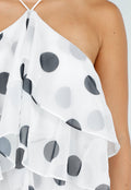 Witte Maxi Jurk met Zwarte Stippen en Volants