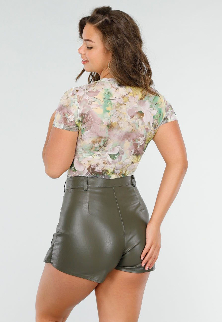 Mesh Bodysuit met Korte Mouwen en Zachte Bloemenprint