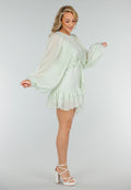 Mintgroene Korte Jurk met Volants, Knoopjes en Ballonmouwen
