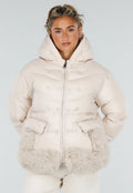 Khaki Korte Puffer Winterjas met Afneembare Bontkraag