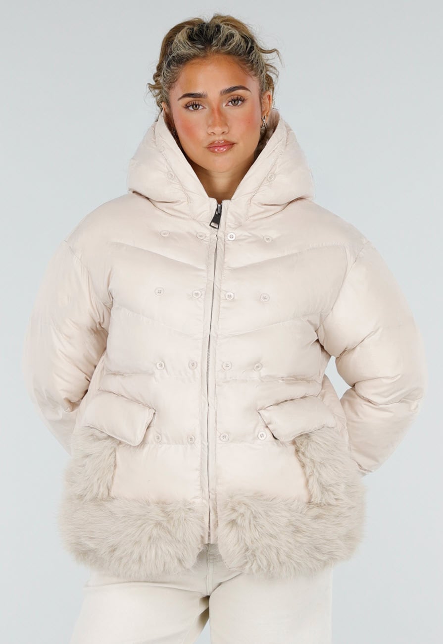 Khaki Korte Puffer Winterjas met Afneembare Bontkraag