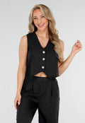 Zwarte Linnenlook 2-Piece Set met Gilet en Wijde Broek