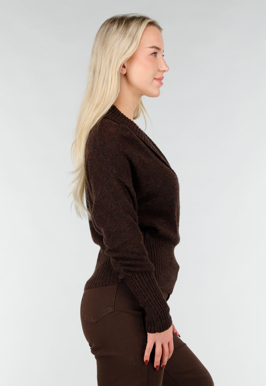 Bruine Gebreide Wrap Trui met Lange Mouwen
