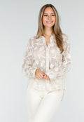 Beige Doorschijnende Blouse met Bloemenborduursel en Lange Mouwen