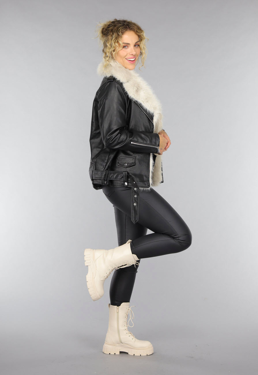 Zwarte Lederlook Faux Fur Biker Jas