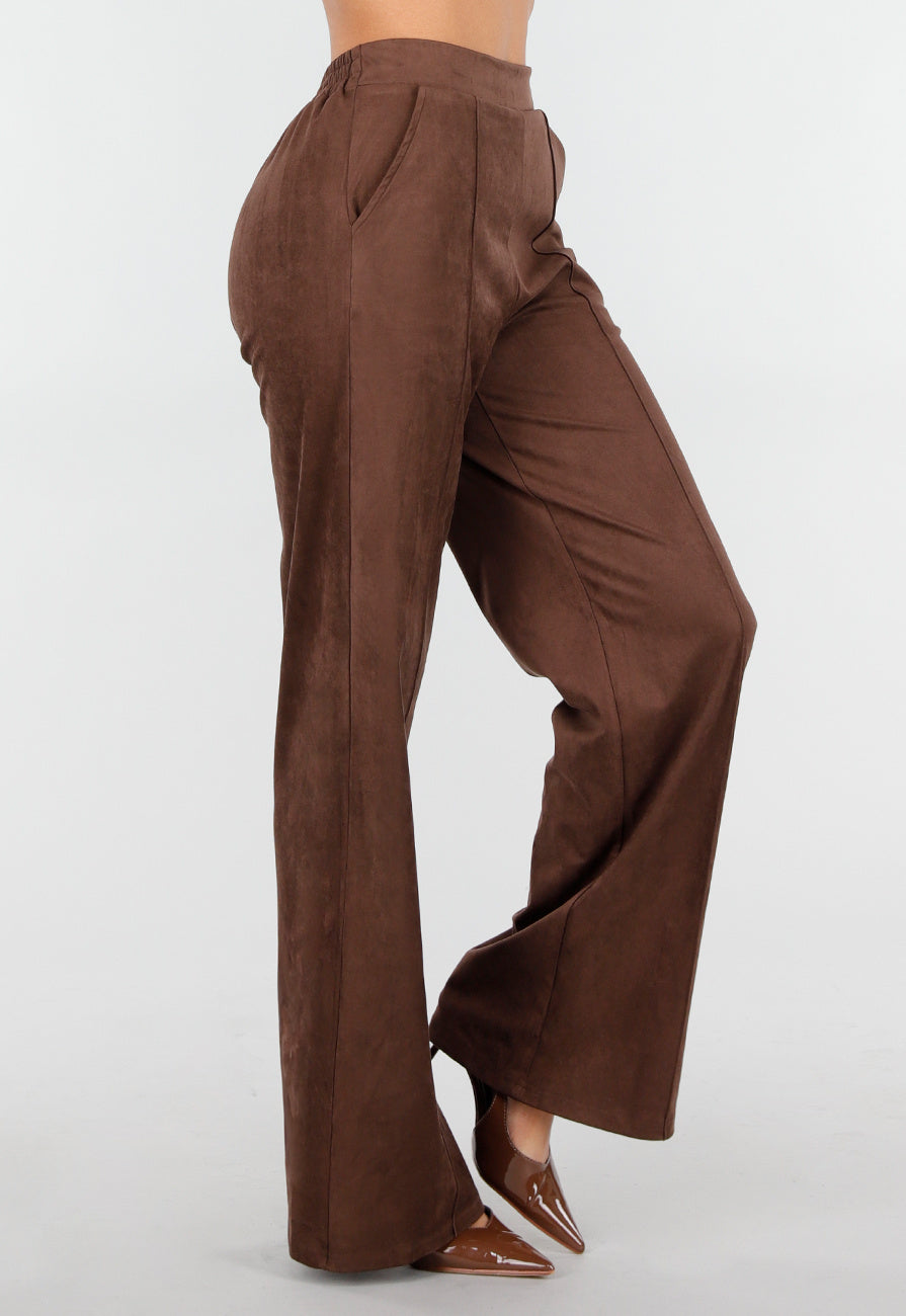 Bruine Suède Pantalon met Rechte Pijpen en Naaddetails