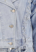 Lichtblauw Denim Jasje met Veterdetails en Ruffle Schouders