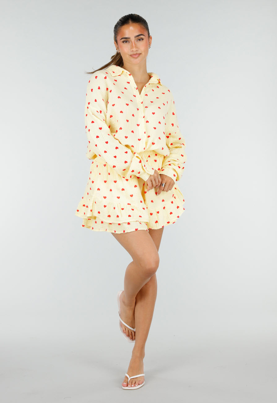 Gele Mousseline 2-Piece Set met Hartjesprint en Rokje