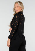 Zwarte Kanten Blouse met Satijnen Details en Lange Mouwen