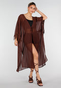 Bruine Kimono met Halflange Mouwen en Franjes