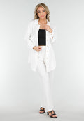 Witte Crinkle Stretch Set met Doorknoop Blouse en Rechte Broek met Elastische Tailleband