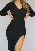 Zwarte Rib Midi Jurk met Split en V-Hals