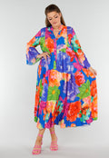 Multicolor Maxi Jurk met Knoopsluiting en Grote Bloemenprint