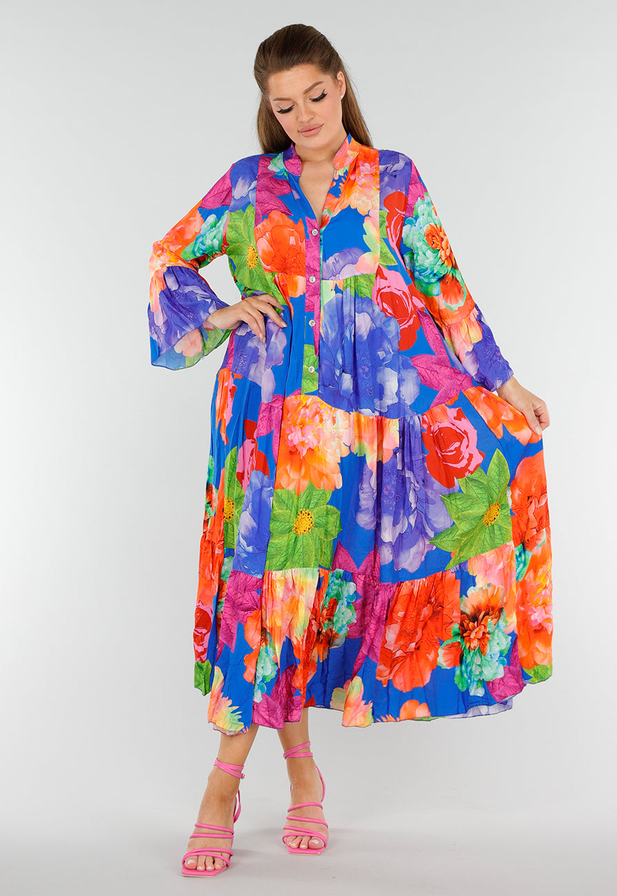 Multicolor Maxi Jurk met Knoopsluiting en Grote Bloemenprint