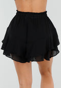Zwarte Ruffle Skort met Elastische Taille en Strikkoord