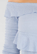 Lichtblauwe Off-Shoulder Jurk met Ruches en Stretchstof