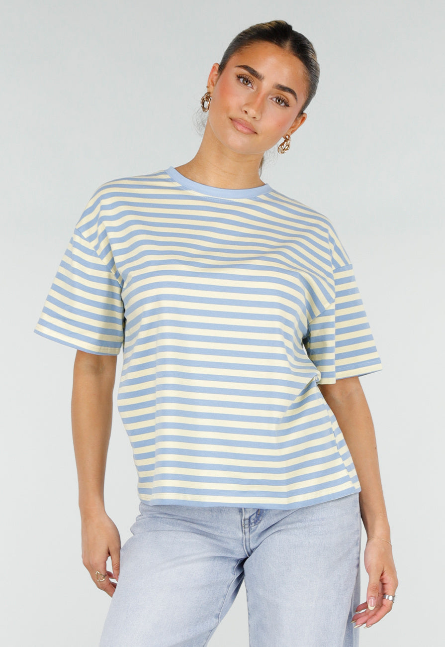 Geel Blauw Gestreept T-shirt met Korte Mouwen en Ronde Hals
