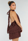 Bruine Halter Jurk met Witte Stippen en Open Rug