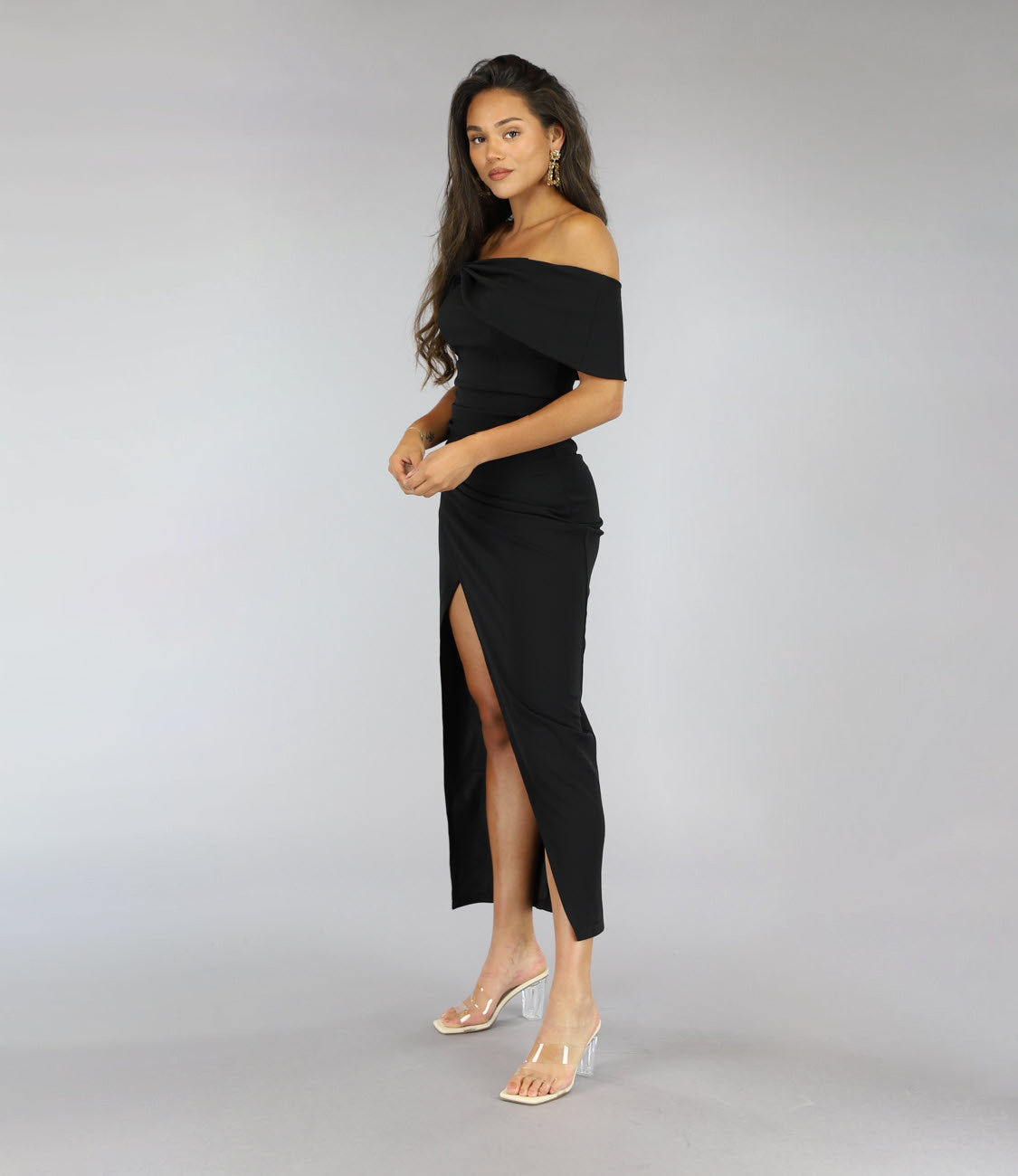 Lange Zwarte Off Shoulder Galajurk met Split