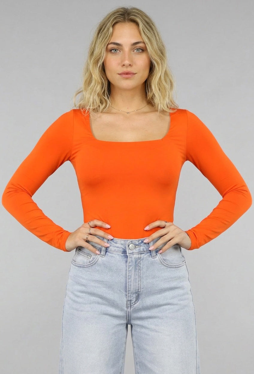 Oranje Longsleeve Top met Vierkante Hals