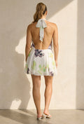Witte Halter Mini Jurk met Bloemenprint en Open Rug