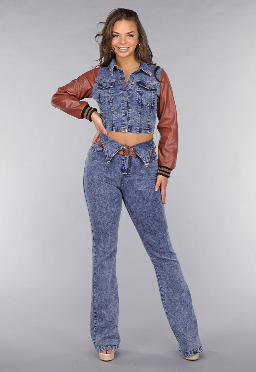 Denim Flared Two Piece met Bruine Lederlook Details