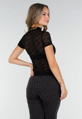 Zwarte Gehaakte Stretch Top met Col en Korte Mouwen
