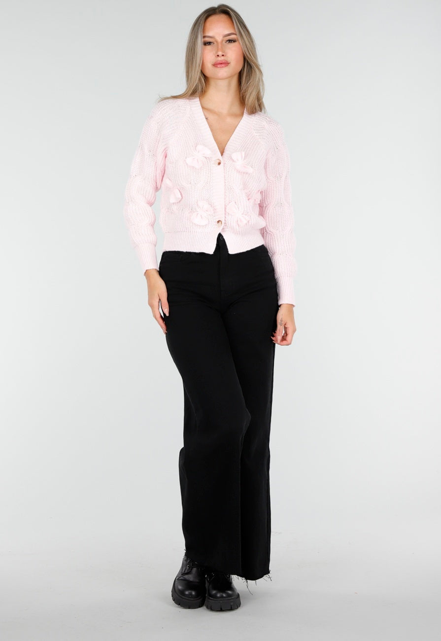 Roze Gebreid Vest met Strikdetails en Knopen