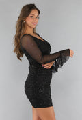 Geplooide Glitter Jurk met Twist Look en Flared Mouwen