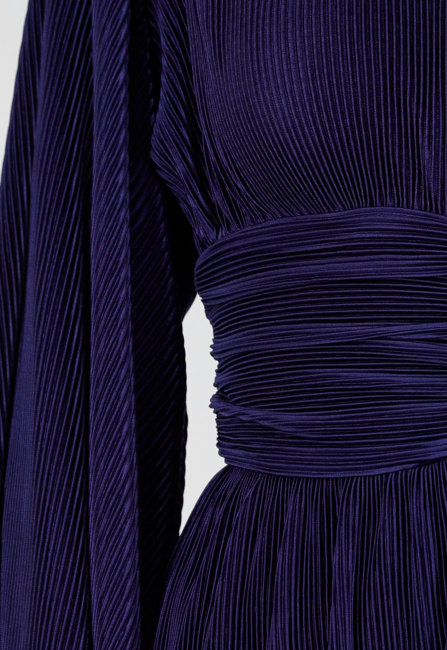 Navy Blauwe Jurk met Plissé en Ruche Taille