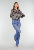 Satijnen Blouse Grijs met Lange Mouwen En Knoopsluiting