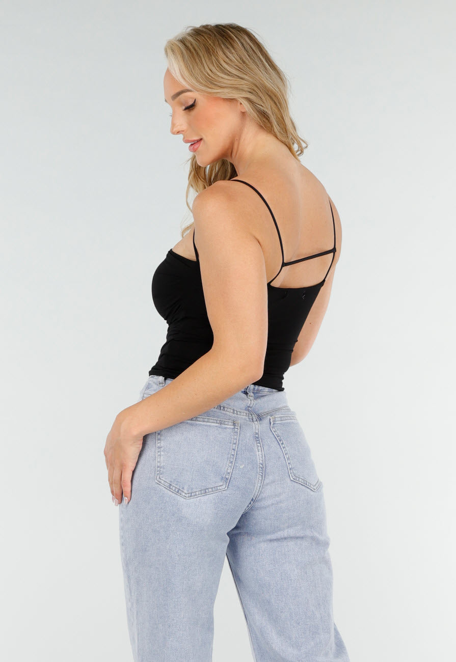 Zwarte Spaghetti Top met Rechte Halslijn, Pads en Stretch