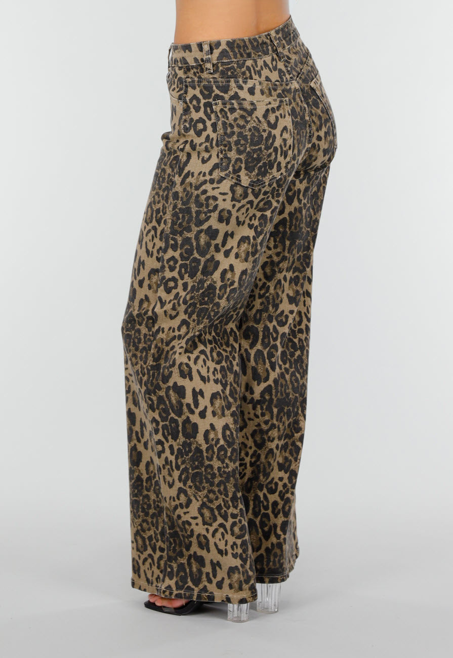 Bruine Wide Leg Jeans met Luipaardprint en Steekzakken