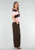 Gestreepte Gebreide Polo Top in Roze en Bruin