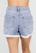 Lichtblauwe Denim Short met Gehaakte Omslag en Stretch