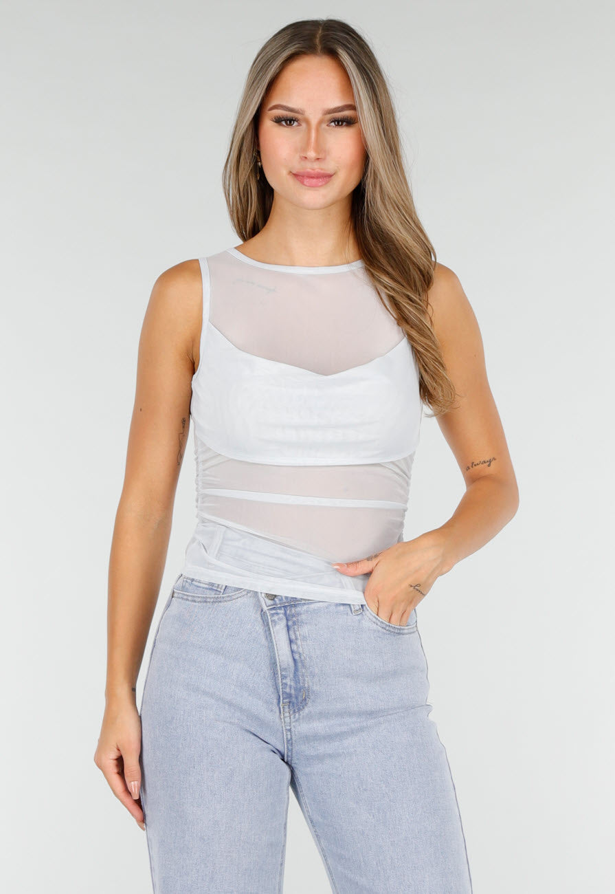 Lichtblauwe Mesh Crop Top met Rimpeldetail en Stretch