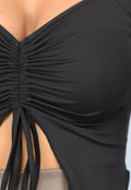 Zwarte Crop Top met Strikdetail en Wijde Mouwen