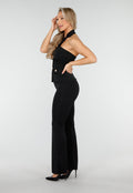 Zwarte Halter Top met Goudkleurige Knopen en Zakdetails in Stevige Stretchstof
