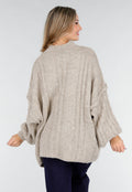 Beige Gebreide Trui met Kabelpatroon en Pofmouwen