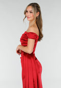 Felrode Off Shoulder Maxi Jurk in Satijn