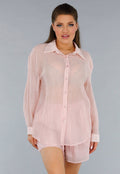 Lichtroze Tweedelige Set met Doorschijnende Blouse en Elastische Short