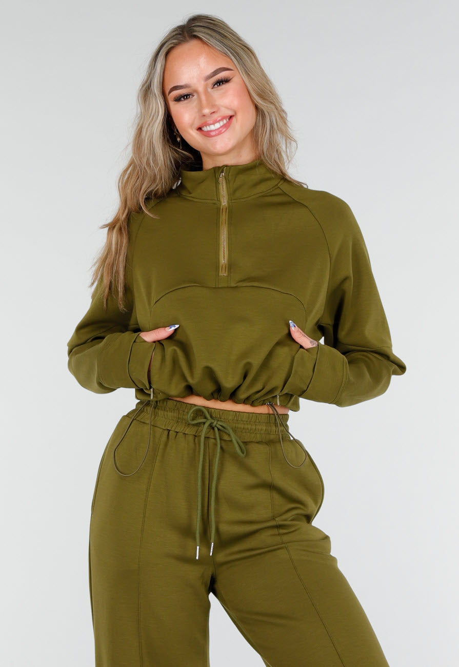 Olijfgroene Cropped Lounge Trui met Halve Rits en Hoge Kraag