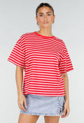 Rood Roze Gestreept T-shirt met Korte Mouwen en Ronde Hals