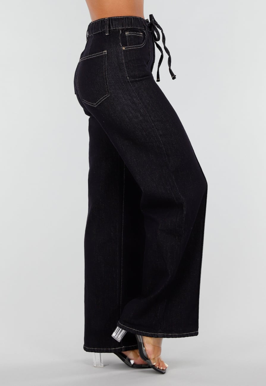 Donkerblauwe Denim Stretch Jeans met Straight Leg en Taillekoord