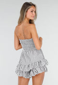 Wit Zwart Gestreepte Strapless Playsuit met Smokwerk en Ruches